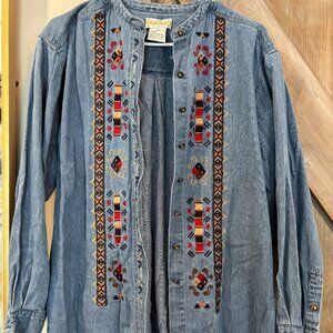 Vintage 1990s Sigrid Olsen Sport Embroidered Denim Shirt Jacket Boho Western M